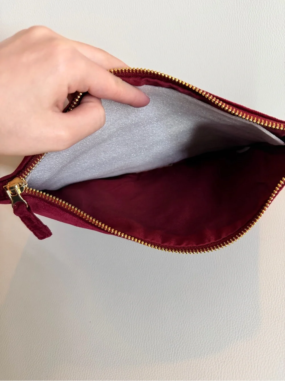 NWT Sézane Burgundy Cotton Velvet Zip Flat Pouch Makeup Bag with Pink Trim
